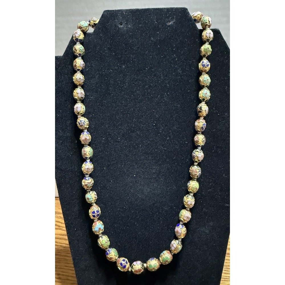 Vintage Cloisonné Necklace Multi Color Beaded Knotted Filigree Clasp Approx 21"